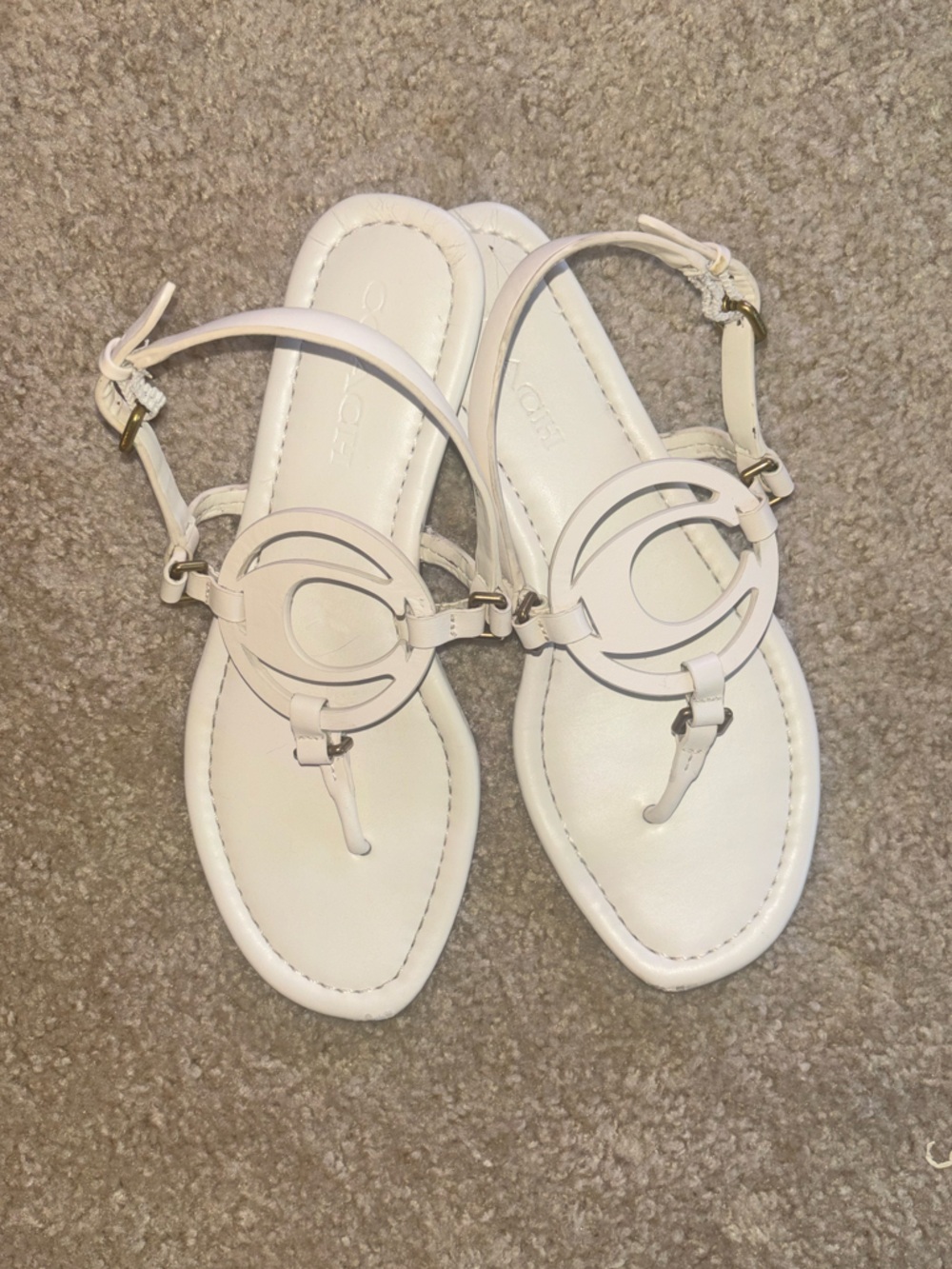 Women's White Leather Coach Logo Circle Thong Sandals